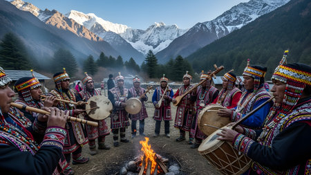 A group of men in vibrant traditional attire play musical instruments, including flutes and drums, around a small campfire. In the background, majestic snow-capped mountains rise against a clear blue sky, depicting a cultural ceremony in a high-altitude region.の素材