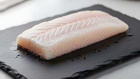 A fresh, raw white fish fillet rests on a dark slate serving board. The close-up shot highlights the texture and freshness of the seafood ingredient, ready for cooking.の素材