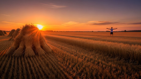 A man stands with arms wide open in a golden wheat field at sunset, celebrating the harvest season. Haystacks are visible in the foreground, and the warm light creates a joyful rural atmosphere.の素材