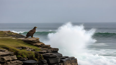 A dark eagle stands perched on a rocky cliff edge while a massive ocean wave crashes into spray behind it. The scene captures the raw power of the sea and the wild majesty of the bird.の素材