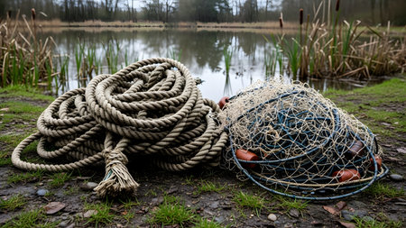 A pile of thick coiled rope and a blue fishing net lie on the muddy bank of a lake. Reeds grow in the background under an overcast sky, depicting a rural fishing scene.の素材