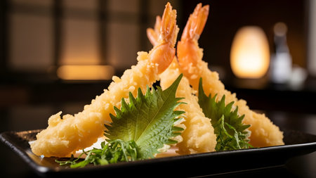 Golden crispy tempura shrimps are arranged upright on a black plate, garnished with fresh shiso leaves. The background implies a warm dining atmosphere, perfect for Japanese cuisine themes.の素材