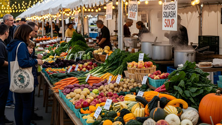A bustling outdoor farmers market scene featuring a stall selling roasted squash soup. Shoppers browse fresh produce under warm string lights, creating a cozy community atmosphere.の素材