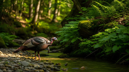 A wild turkey stands near a gentle stream in a lush green forest. Sunlight filters through the trees, highlighting the bird's feathers and the vibrant ferns on the mossy banks.の素材
