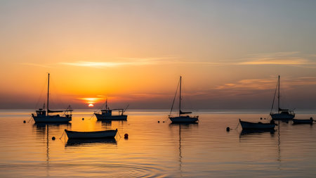 A serene landscape featuring the silhouettes of sailboats and fishing boats anchored in calm water at sunset. The sky is painted in warm shades of orange and yellow, with the sun dipping below the horizon and reflecting on the gentle ripples.の素材