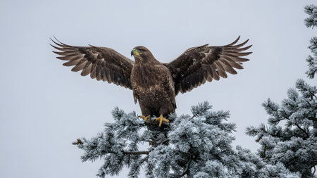 A large brown eagle perched atop a snow-covered pine tree with its wings fully spread in a display of power. The grey, overcast sky and snowy branches create a cold winter atmosphere, emphasizing the bird's dominance in the wild.の素材