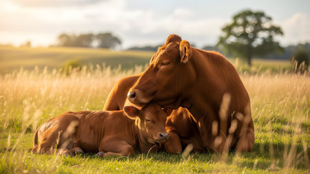 A heartwarming scene of a mother cow and her calf resting together in a grassy field during golden hour. The cow rests her head gently over the sleeping calf, symbolizing maternal love and peace in a pastoral setting.の素材