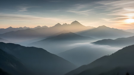 A breathtaking landscape of layered mountain peaks fading into the distance, shrouded in morning mist and fog. The soft sunlight illuminates the ridges, creating a serene and dramatic atmospheric view.の素材