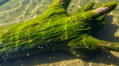 A submerged log covered in vibrant green moss rests on the sandy bottom of a clear body of water. Sunlight patterns dance on the wood and sand, creating a serene underwater landscape.の素材