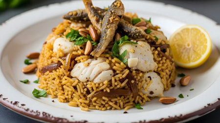 A plate of savory spiced rice topped with tender white fish fillets and fried small fish, garnished with almonds and parsley. This traditional Middle Eastern style dish, resembling Sayadieh, is served with a lemon half for a flavorful meal.の素材