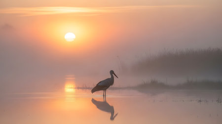 A solitary stork stands in the calm water of a misty lake during a golden sunrise. The soft light creates a peaceful atmosphere, with the sun reflecting on the water and reeds visible in the foggy background.の素材