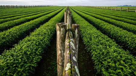A lush green tea plantation with neat rows of tea bushes stretching towards the horizon. A rustic wooden fence runs through the foreground, guiding the eye through the scenic agricultural landscape under a bright sky.の素材