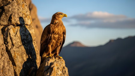 A majestic golden eagle perches on a rugged rocky cliff, illuminated by the warm light of the setting sun. The powerful bird of prey surveys its territory with a blurred mountain range visible in the background.の素材