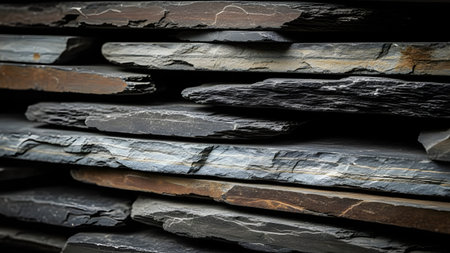 A close-up texture shot of stacked slate stones, showing the rough, layered edges and varying shades of grey and brown. The natural stone pattern creates a rugged and detailed background suitable for construction or design themes.の素材