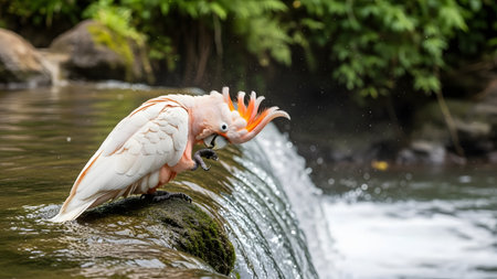 A beautiful Salmon-crested Cockatoo (Moluccan Cockatoo) stands on a mossy rock, bathing and splashing in a river stream. Water droplets fly around the bird as it preens its pink and white feathers in the wild.の素材
