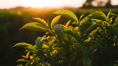 A close-up shot of fresh green tea leaves glowing in the warm golden sunlight of a plantation. The backlit leaves highlight the intricate veins and vibrant color, symbolizing freshness and nature's growth.の素材