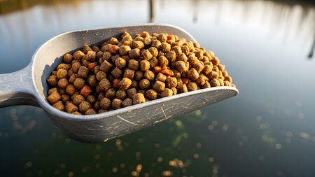 A plastic scoop filled with brown floating fish feed pellets held over a water surface. The close-up shot highlights the texture of the grain, representing aquaculture, fish farming, and animal husbandry.の素材