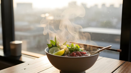 A steaming bowl of beef noodle soup, likely Pho, sits on a wooden table by a window with a blurred city skyline in the background. Fresh herbs, lime, and chopsticks accompany the meal, capturing a cozy urban dining experience.の素材