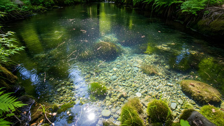 A crystal-clear stream flows gently over a bed of smooth pebbles in a lush green forest. Sunlight filters through the trees, illuminating the mossy banks and the transparent water, creating a peaceful natural scene.の素材