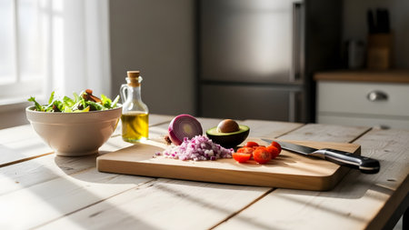 A wooden chopping board in a sunny kitchen features chopped red onions, cherry tomatoes, an avocado half, and a knife. A bowl of salad and olive oil bottle are in the background, suggesting healthy meal preparation.の素材