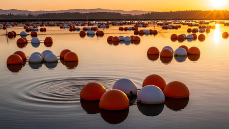 Rows of orange and white buoys float on calm water at an oyster farm during a golden sunset. The reflection of the sun and the buoys on the water creates a serene and geometric aquaculture landscape.の素材