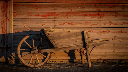 An old wooden wheelbarrow filled with straw sits against a weathered red wooden barn wall. The scene is bathed in warm sunlight, casting shadows and creating a nostalgic, rustic farm atmosphere.の素材