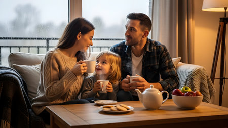 A happy family of three sits comfortably on a sofa, enjoying hot beverages while smiling at each other. Rain streaks the large window behind them, creating a cozy and warm indoor atmosphere contrasting with the weather outside.の素材