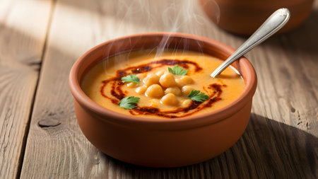 A creamy chickpea soup served in a terracotta bowl, garnished with whole chickpeas, fresh parsley leaves, and a swirl of red paprika oil. Steam rises from the hot dish, evoking a sense of warmth and hearty nutrition.の素材