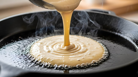 A close-up action shot of smooth pancake batter being poured from a ladle onto a hot, greased cast-iron skillet. Bubbles form on the surface of the cooking batter, capturing the essence of homemade breakfast preparation.の素材