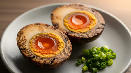 Two halves of a Chinese tea egg showing a rich, jammy yolk and the signature marbled pattern on the egg white. Served on a plate with chopped green onions, representing traditional Asian cuisine.の素材