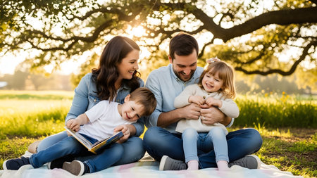 A happy family of four enjoys a picnic outdoors under a large tree during sunset. The parents and children are smiling, reading a book together, and hugging, creating a warm image of family bonding.の素材