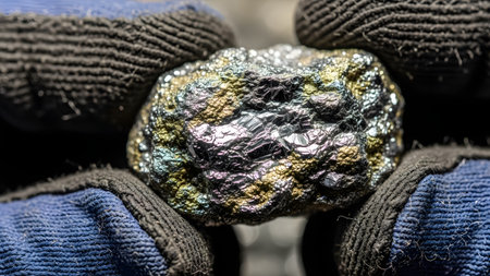 Close-up of gloved hands holding a large specimen of raw metallic mineral ore, possibly peacock ore or pyrite. The mineral displays iridescent colors and a rugged texture, representing mining, geology, and resource extraction.の素材