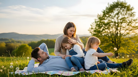 A happy family of four, including parents and two young daughters, relaxes on a picnic blanket in a grassy meadow during the golden hour. They share a tender moment surrounded by nature, wildflowers, and soft evening light.の素材