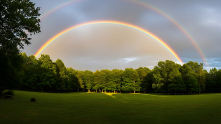 A stunning double rainbow stretches across a cloudy sky, framing a lush green forest and grassy field. The vibrant colors of the spectrum contrast with the darker storm clouds, creating a magical and hopeful natural scene.の素材