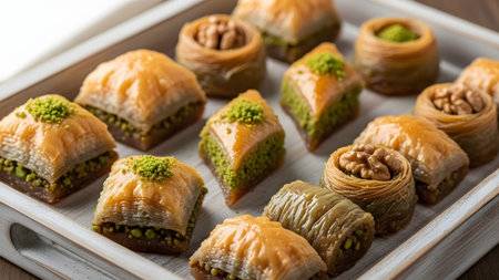 A tray filled with an assortment of golden Turkish baklava pastries, featuring layers of filo dough, pistachios, and walnuts. The glossy syrup and detailed textures highlight the richness of this traditional Middle Eastern dessert.の素材