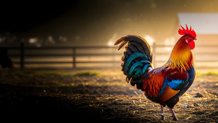 A vibrant rooster stands proudly in a farmyard illuminated by the golden light of sunrise. Its colorful feathers of red, gold, and blue contrast beautifully with the warm, backlit rustic background.の素材