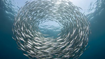 A massive school of sardines swimming in a mesmerizing tornado formation underwater. The sunlight filters through the blue water, illuminating the silver fish as they move in unison, showcasing marine biodiversity.の素材
