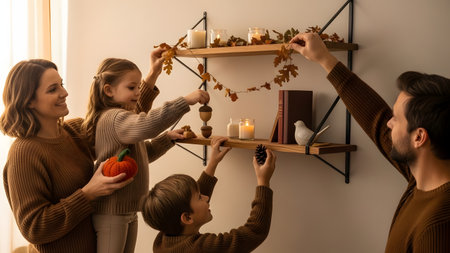 A family works together to decorate wall shelves with autumn-themed items like leaves, pinecones, and candles. The warm, cozy indoor setting reflects the joy of seasonal home improvement and family bonding.の素材