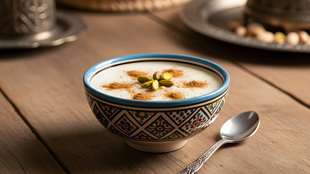 A decorative bowl contains creamy rice pudding topped with cinnamon powder and green pistachios. The dessert sits on a wooden table, offering a traditional and sweet treat often found in Middle Eastern cuisine.の素材