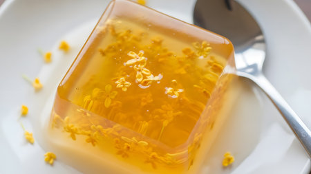 A square piece of transparent Osmanthus jelly, embedded with small yellow flowers, sits on a white plate with a spoon nearby. The gelatinous texture and delicate floral details present an elegant traditional Asian dessert.の素材