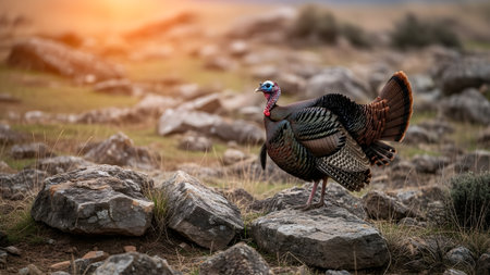 A wild turkey stands proudly on rocky terrain during the golden hour, with warm sunlight illuminating the background. The bird displays its colorful plumage and textured feathers against a blurred rugged landscape.の素材