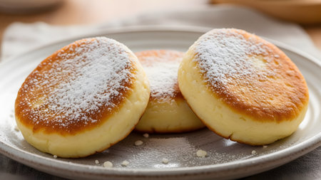 Three fluffy cottage cheese pancakes, known as Syrniki, dusted with powdered sugar on a plate. The golden-fried fritters are arranged neatly, representing a delicious traditional breakfast or dessert.の素材