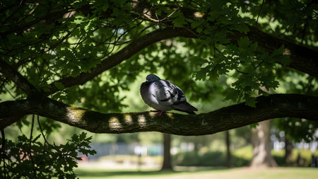 A pigeon resting on a thick tree branch surrounded by green leaves in a park setting. The bird is illuminated by dappled sunlight filtering through the canopy, creating a peaceful natural scene.の素材