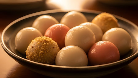 A bowl of shiny white and pink glutinous rice balls (Tangyuan or Mochi) served with a side of peanut powder. The soft, sticky dumplings are presented in a dark ceramic bowl, highlighting a traditional Asian dessert.の素材