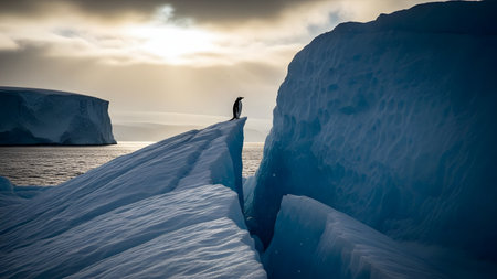 A solitary penguin stands at the very tip of a sharp, blue iceberg ridge against a dramatic cloudy sky. The moody scene captures the isolation and beauty of the Antarctic wilderness.の素材