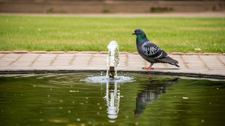 A pigeon stands on the stone edge of a park fountain next to a splashing water jet. The bird is captured in sharp focus against a green grassy background, depicting urban wildlife in a refreshing setting.の素材