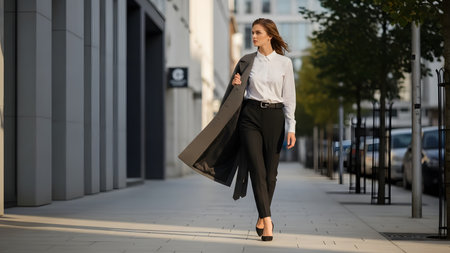 A stylish woman in a long grey coat and black trousers walks confidently down a city street. Her elegant stride and professional attire suggest a modern, urban lifestyle or business theme.の素材