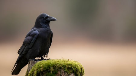 A sleek black raven sits perched on a moss-covered tree stump against a blurred natural background. The bird's intelligent gaze and detailed feathers are highlighted in this serene wildlife portrait.の素材