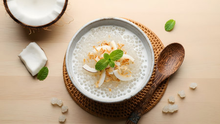 A bowl of sago pearl pudding served in creamy coconut milk, topped with toasted coconut flakes and a sprig of fresh mint. The dessert is placed on a woven coaster, highlighting a tropical Asian sweet treat.の素材