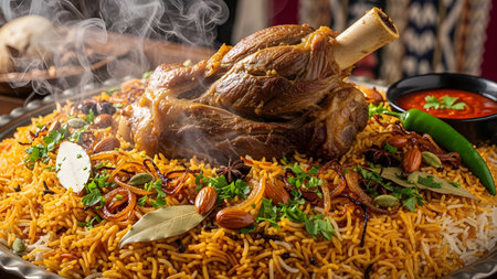 A steaming platter of traditional Arabian Mandi or Kabsa features a tender roasted lamb shank served over spiced yellow rice. The dish is garnished with fried onions, almonds, and spices, accompanied by a bowl of red tomato sauce.の素材